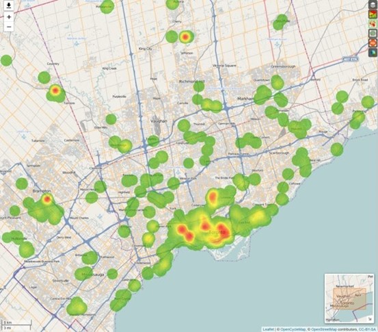 Heat Map of Artistically Ambitious lifestyle segment in Toronto